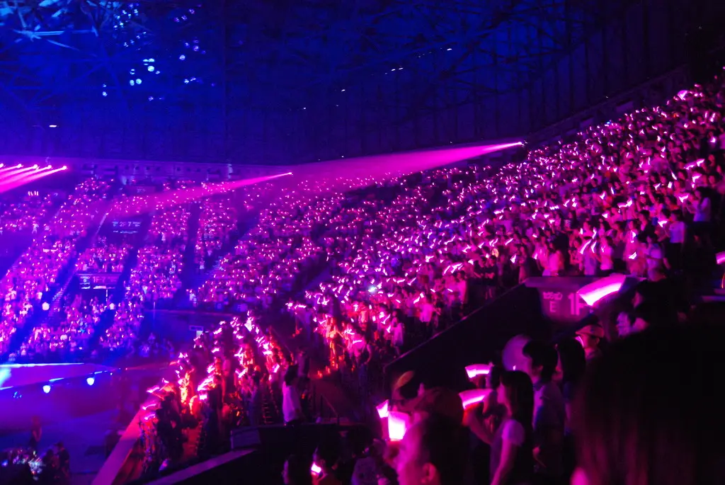 An arena crowd holding pink light sticks at a K-pop concert